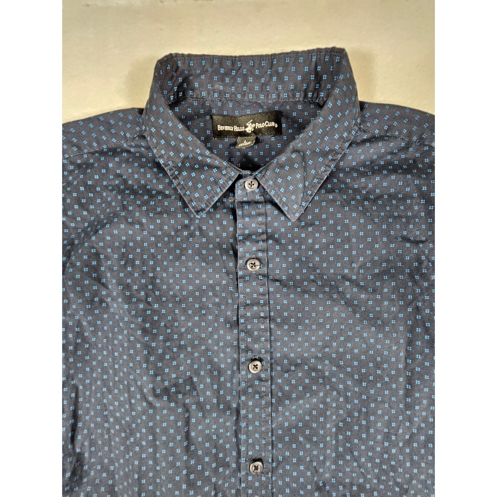 Beverly Hills Polo Club Mens Large Navy Blue Geometric‎ Print Short Sleeve Shirt